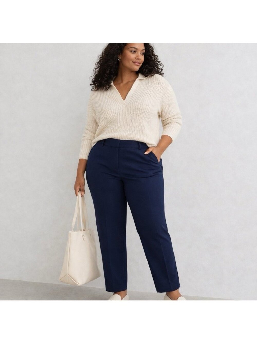 LOFT Womens Curvy Riveria Slim Pant Sz 16 Navy Blue Doubleweave Cotton Preppy
